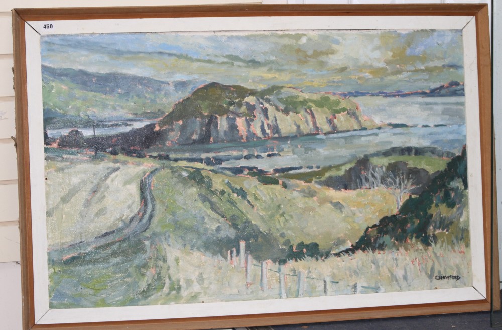 Crawford, oil on board, Coastal landscape, signed, 65 x 105cm